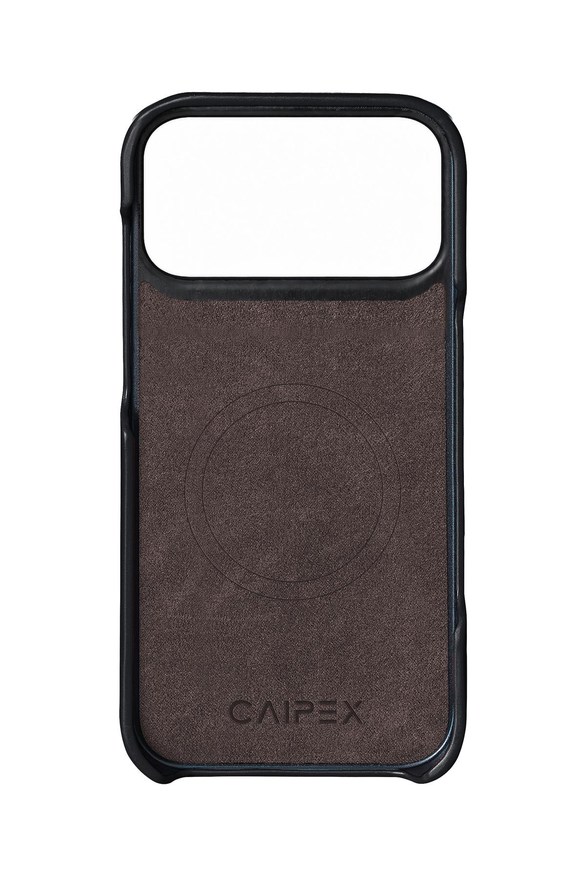 iPhone 17 Pro Max black leather case interior with MagSafe and CAIPEX logo, aligned camera opening