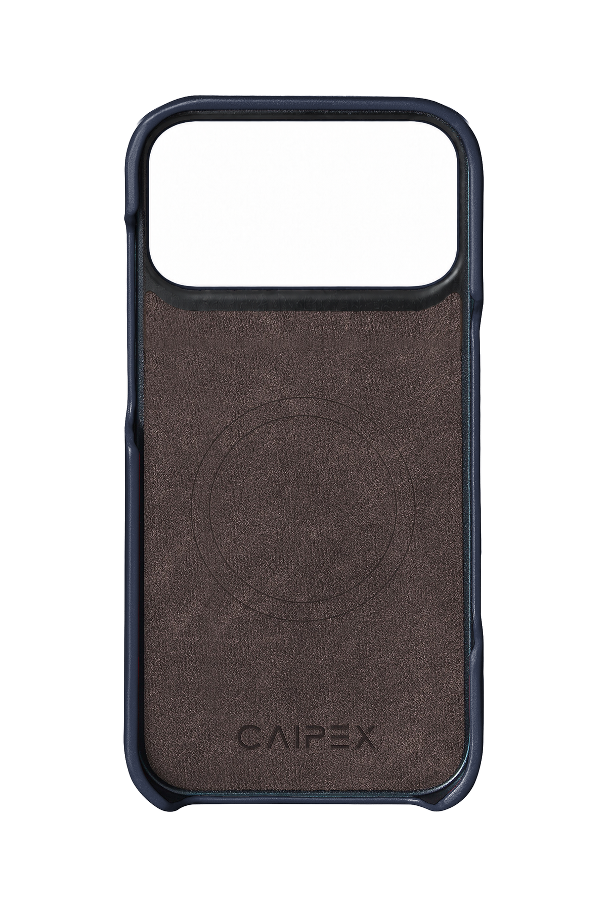 iPhone 18 Pro Max blue leather case interior with MagSafe ring, CAIPEX logo and model-specific camera cutout