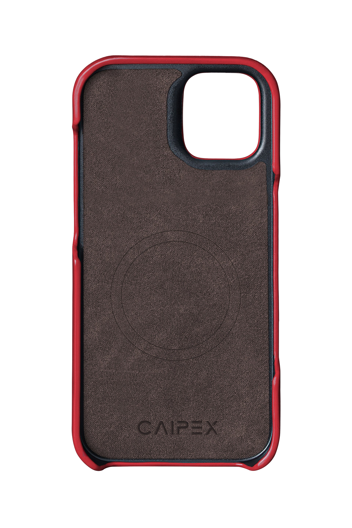 iPhone 12 Mini, red ostrich leather case, interior view with soft lining
