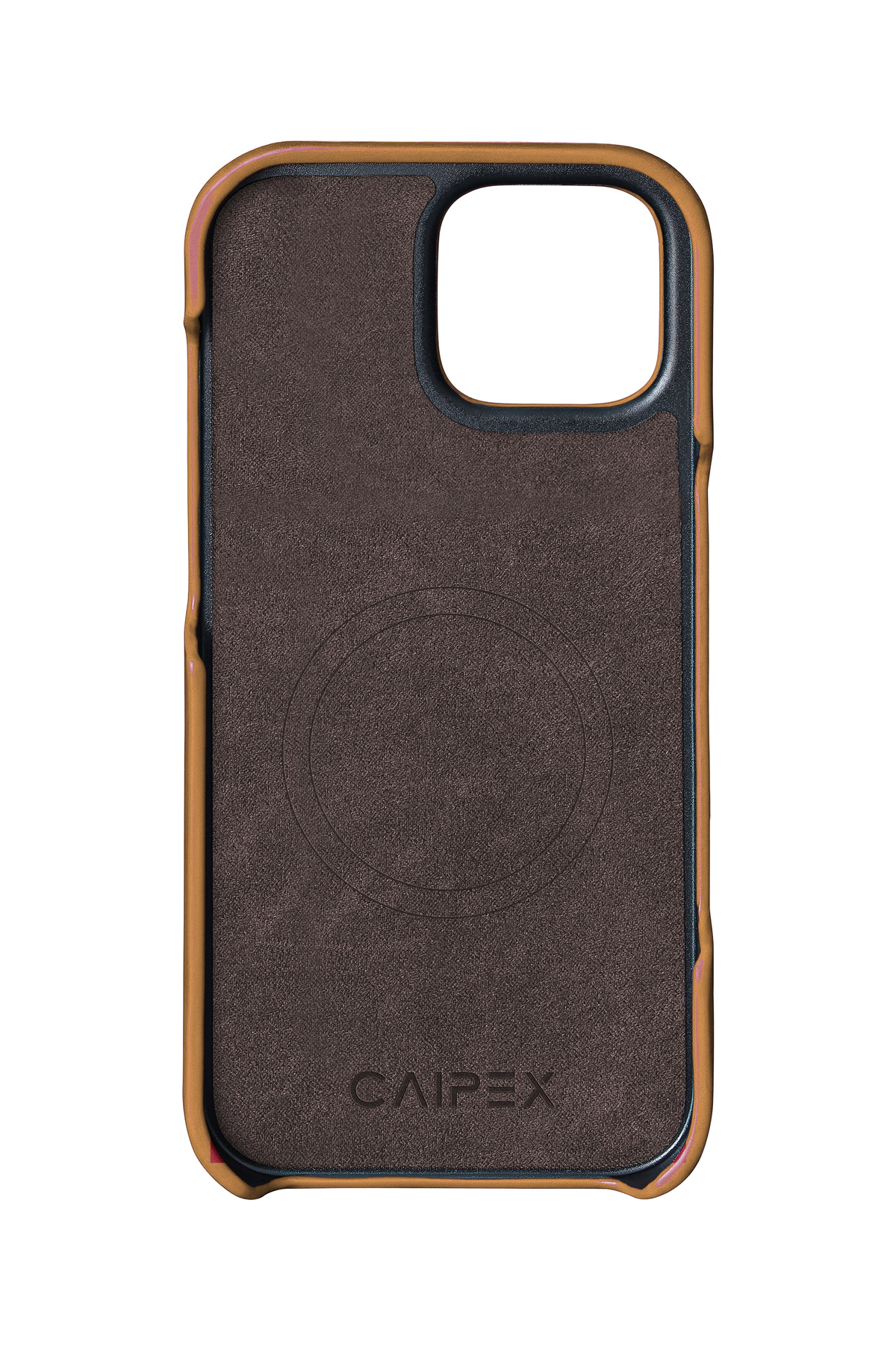 iPhone 13 Mini, light brown ostrich leather case, interior view with soft lining