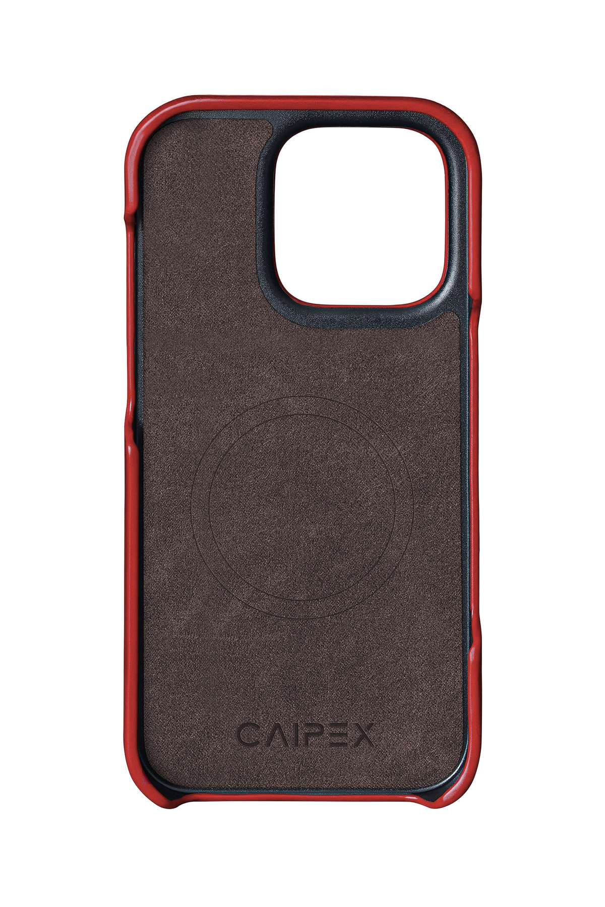 iPhone 14 Pro, red ostrich leather case, interior view with soft lining