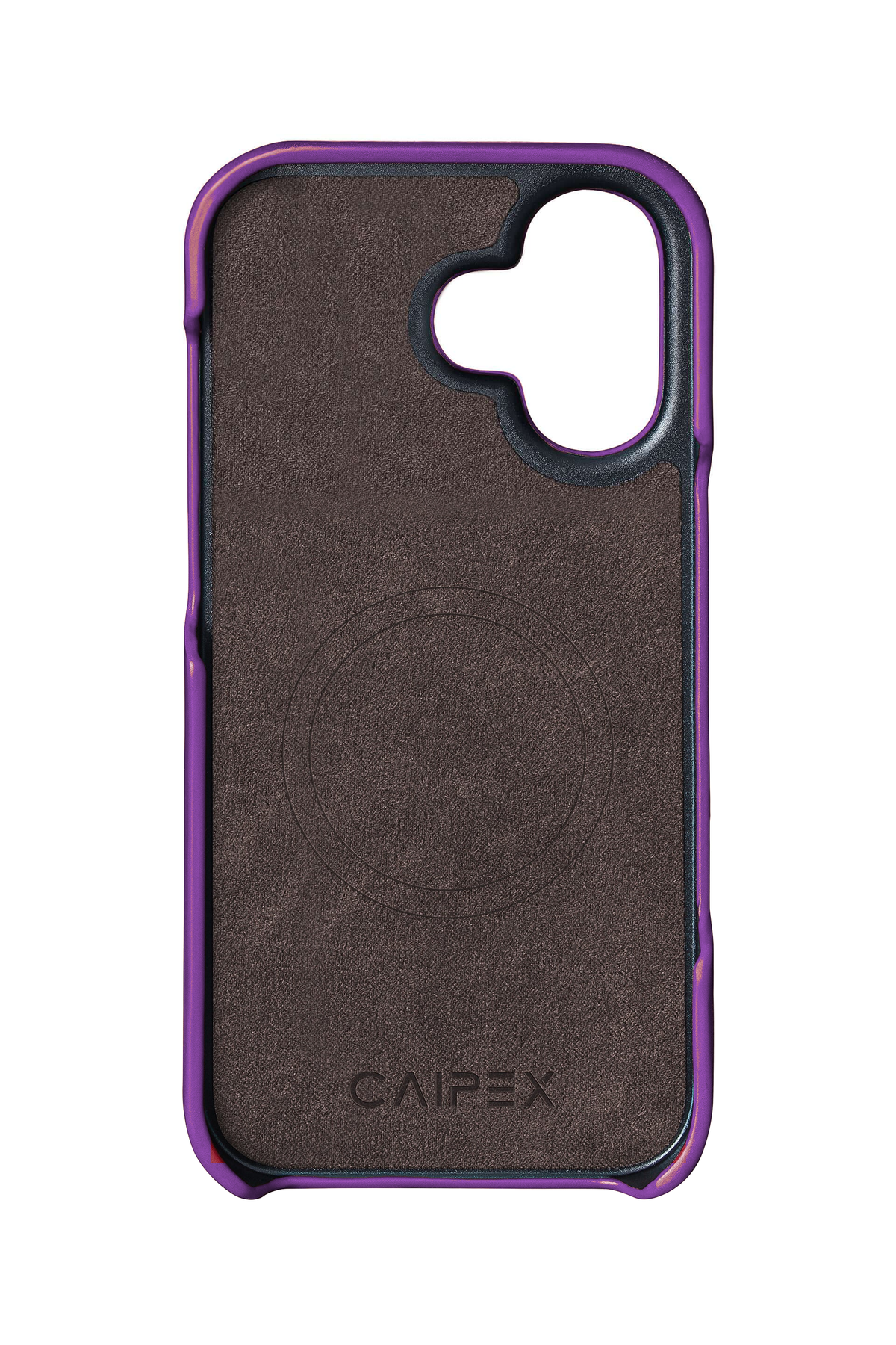 iPhone 16 Plus, purple ostrich leather case, interior view with soft lining