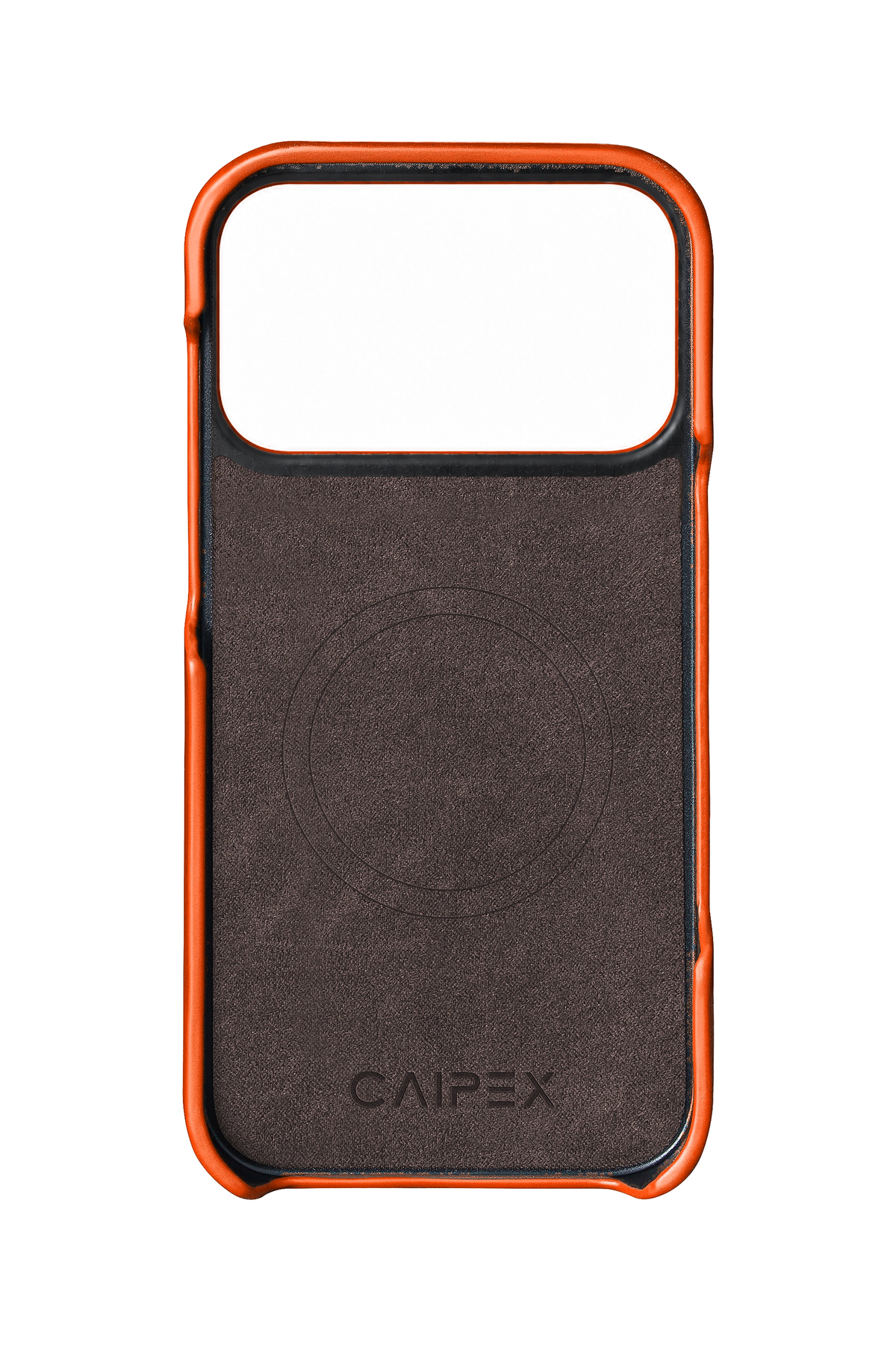 iPhone 17 Pro orange leather case interior with MagSafe ring, matching camera cutout and CAIPEX logo