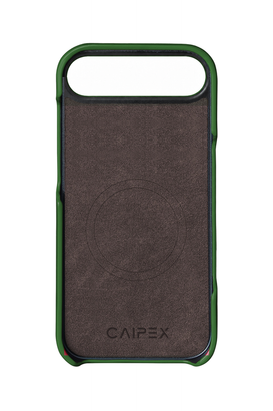 iPhone Air green crocodile leather case interior with MagSafe ring, soft lining and CAIPEX logo