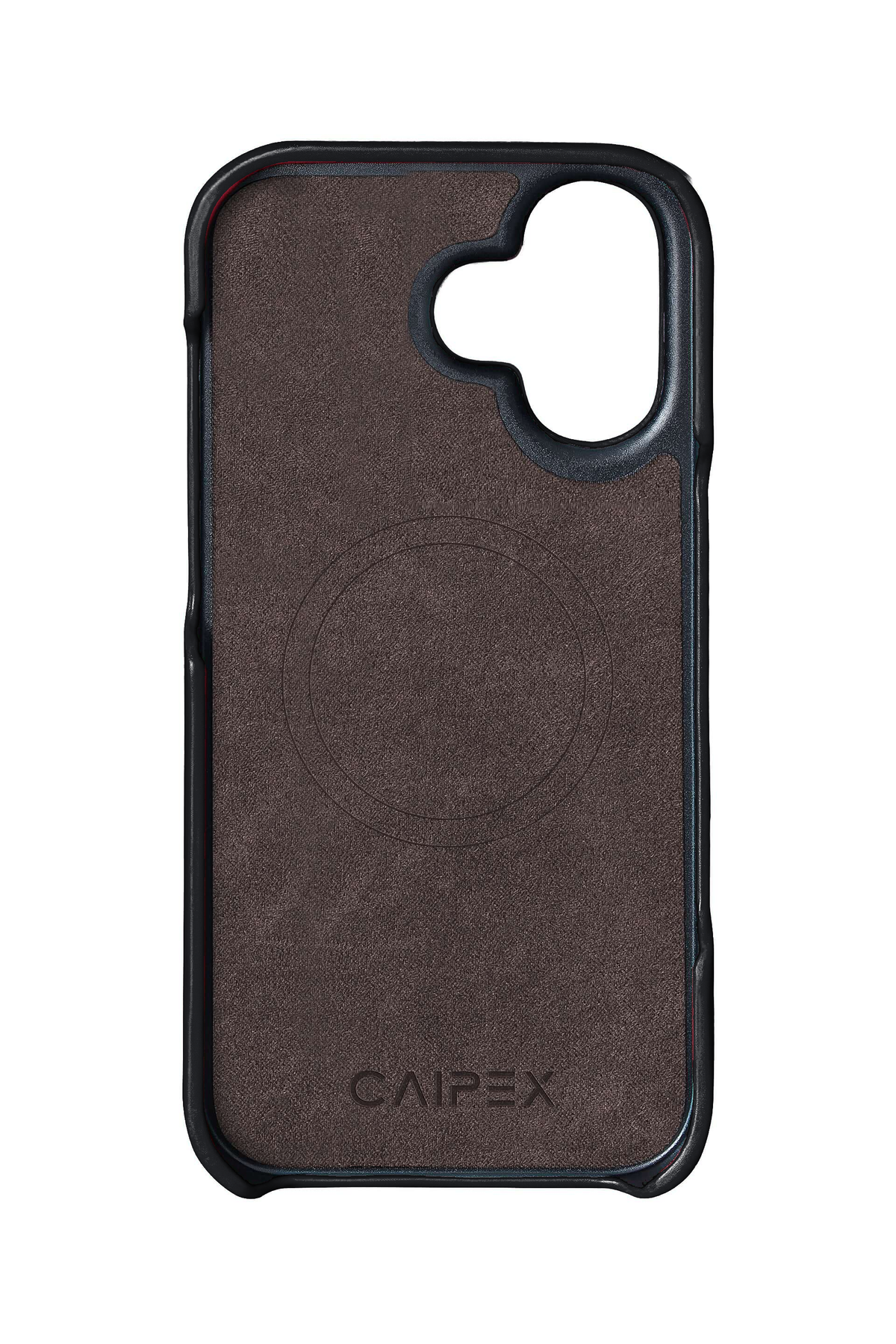 iPhone 17 black leather case interior with MagSafe ring, CAIPEX logo and model-specific camera opening
