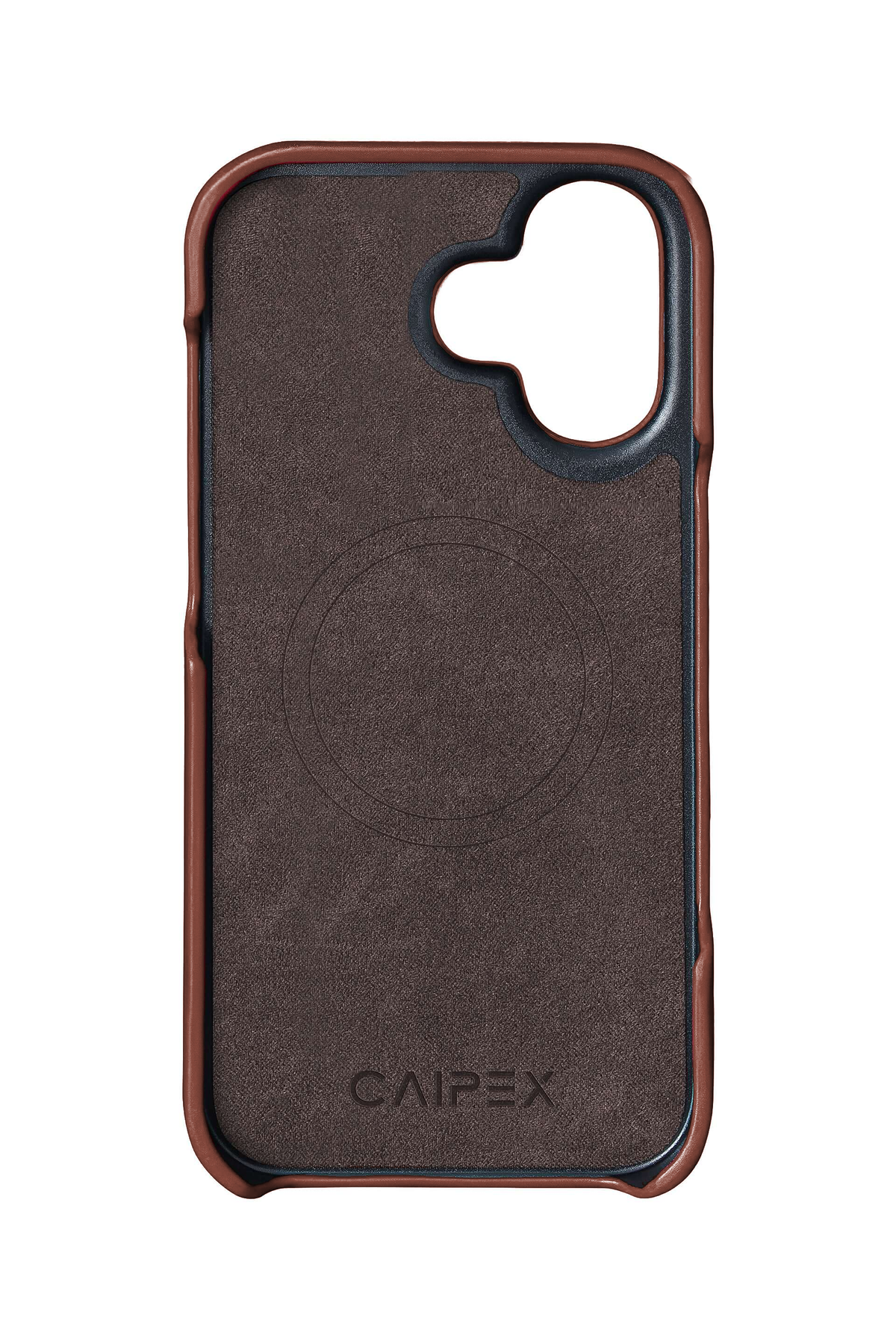 iPhone 17 coffee leather case interior with MagSafe ring, CAIPEX logo and model-specific camera opening
