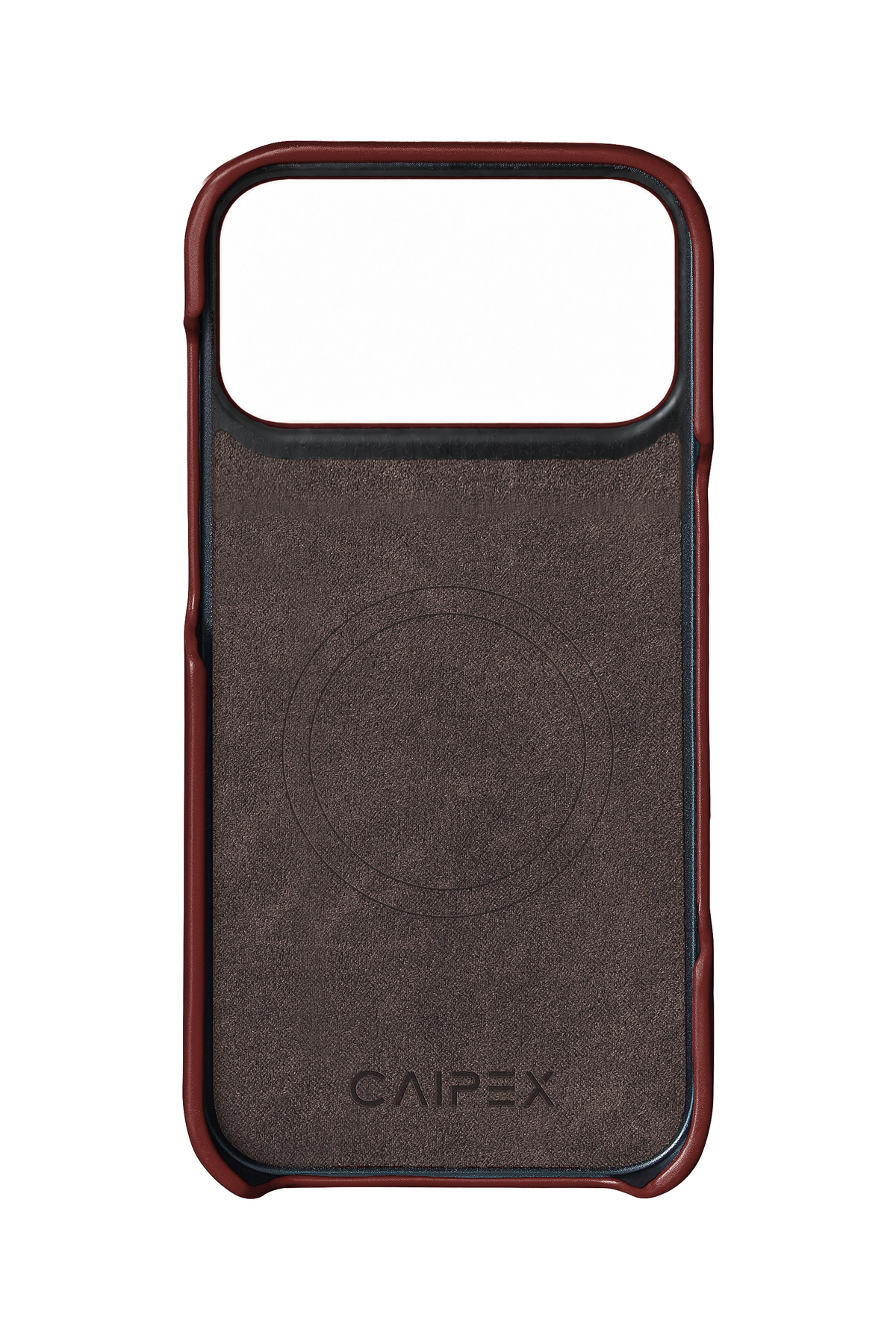 iPhone 18 Pro Max wine leather case interior with MagSafe ring, CAIPEX logo and model-specific camera cutout