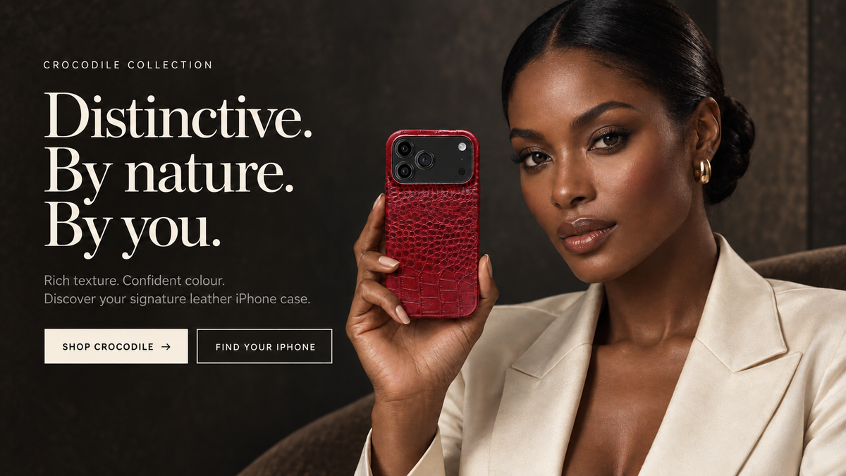 Woman holding a red crocodile leather iPhone case. Crocodile Collection. Distinctive. By nature. By you.