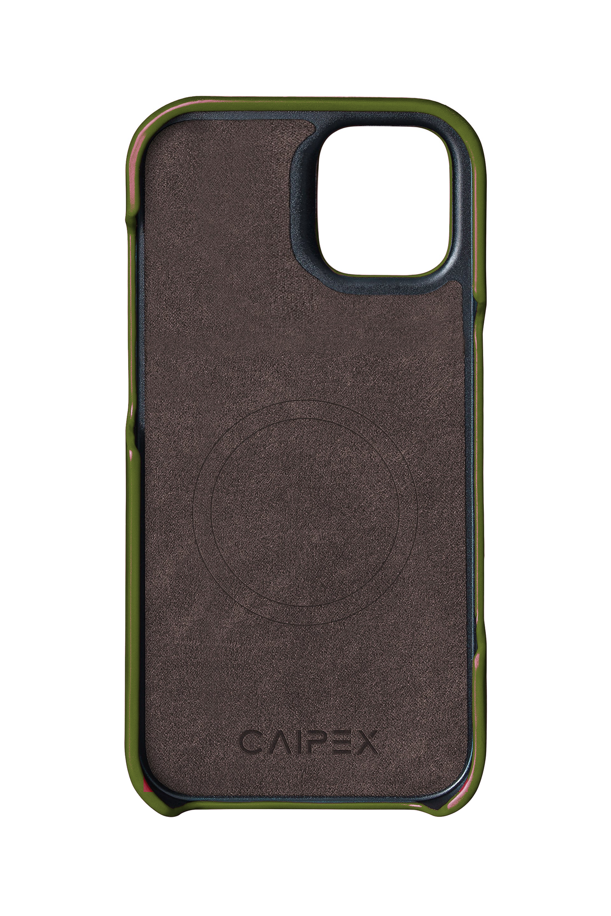 iPhone 12 Mini, army green ostrich leather case, interior view with soft lining