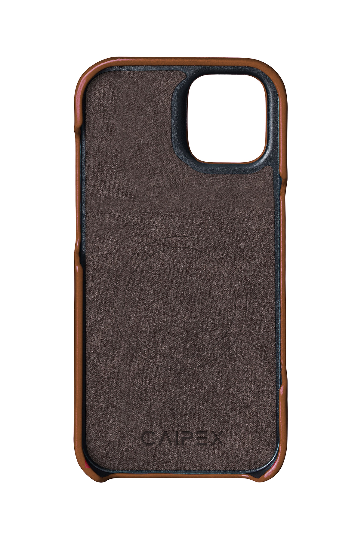 iPhone 12 Mini, brown ostrich leather case, interior view with soft lining