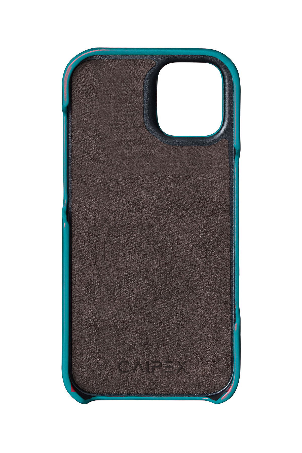 iPhone 12 Mini, cyan ostrich leather case, interior view with soft lining