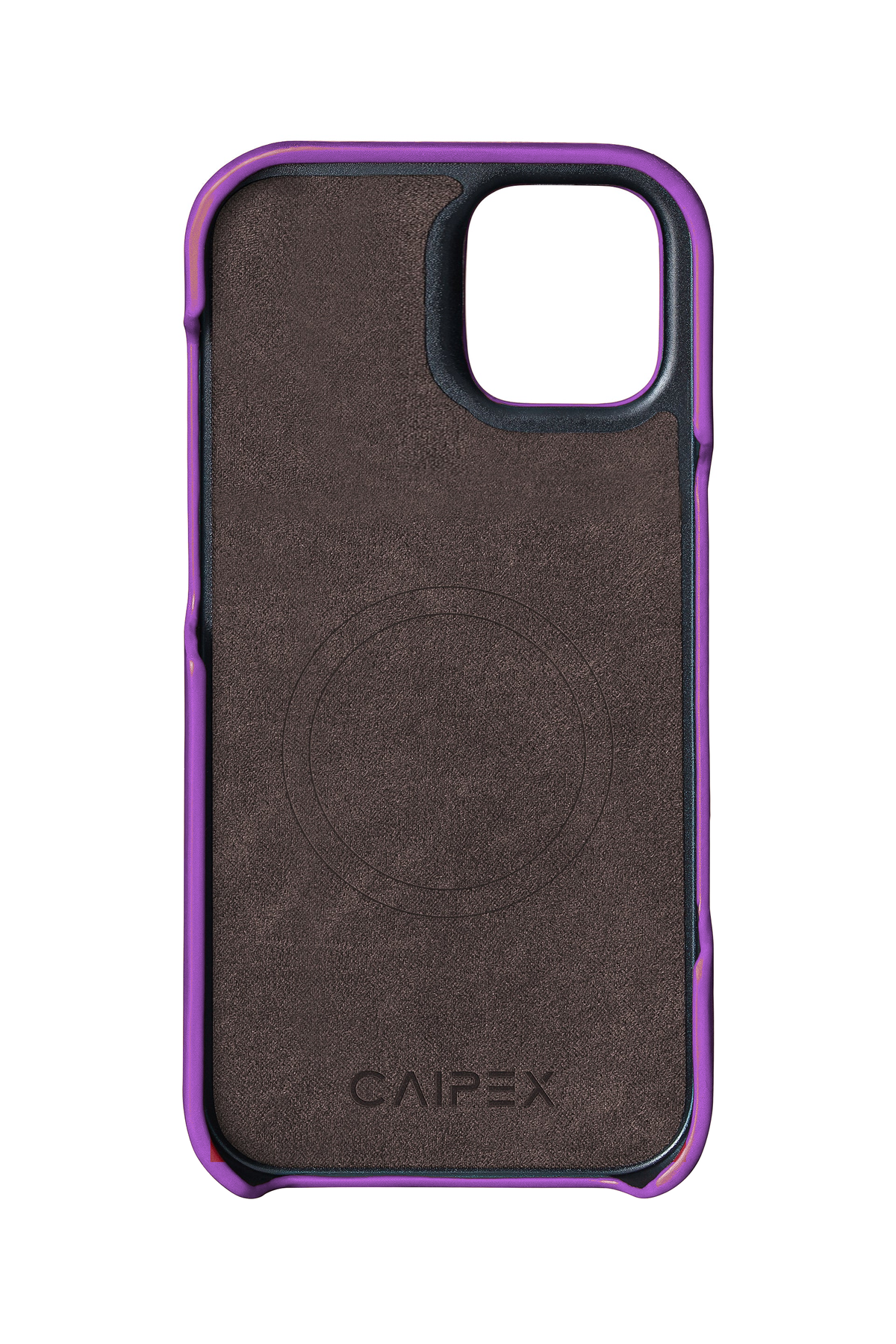 iPhone 12 Mini, purple ostrich leather case, interior view with soft lining
