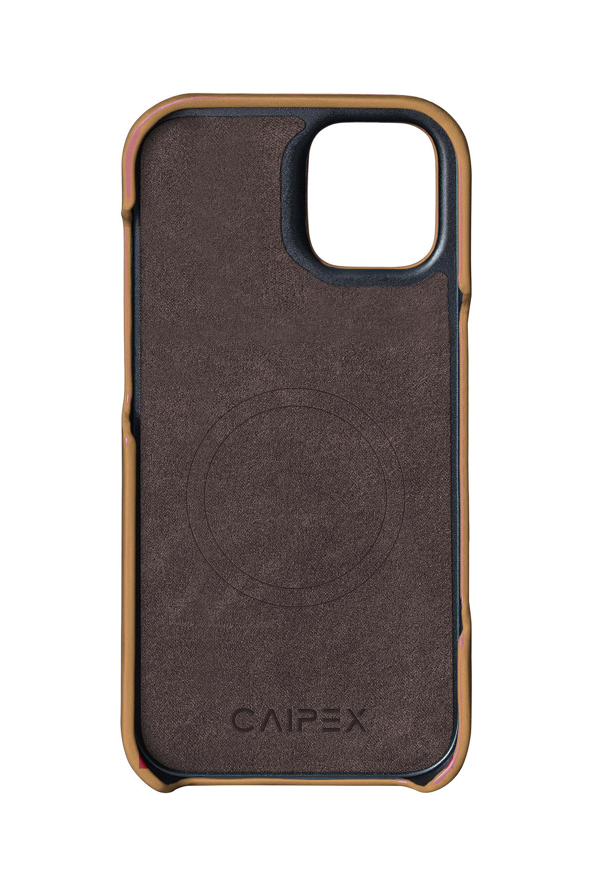 iPhone 12, light brown ostrich leather case, interior view with soft lining