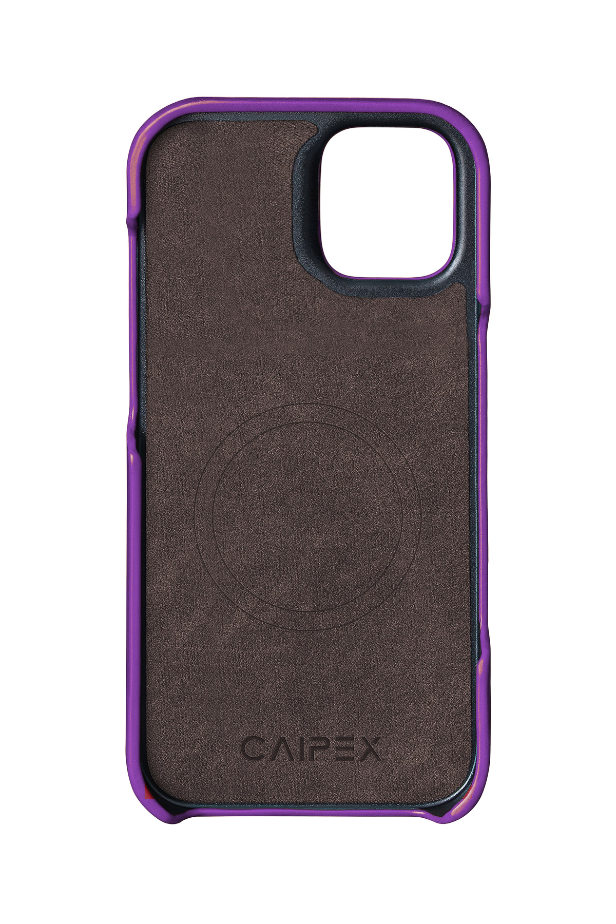 iPhone 12, purple ostrich leather case, interior view with soft lining