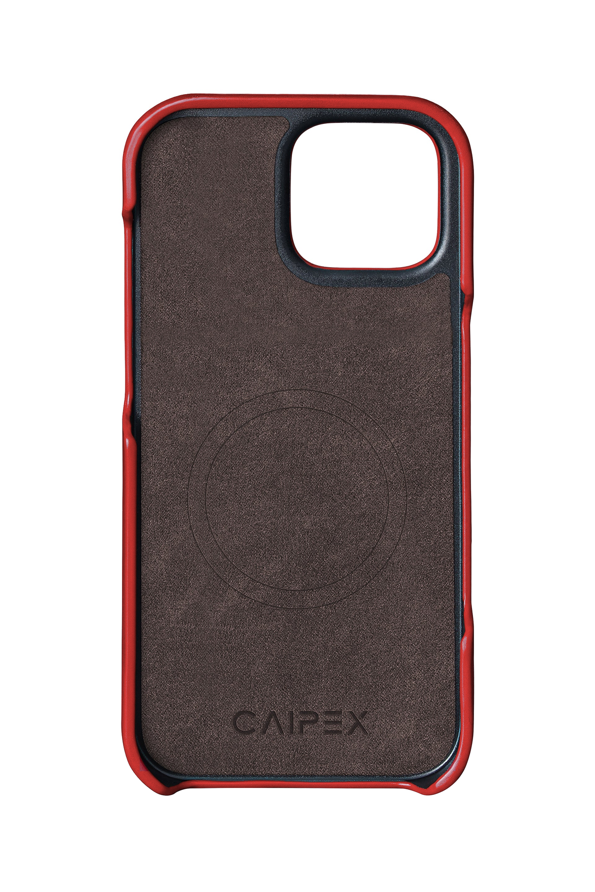 iPhone 13 Mini, red ostrich leather case, interior view with soft lining