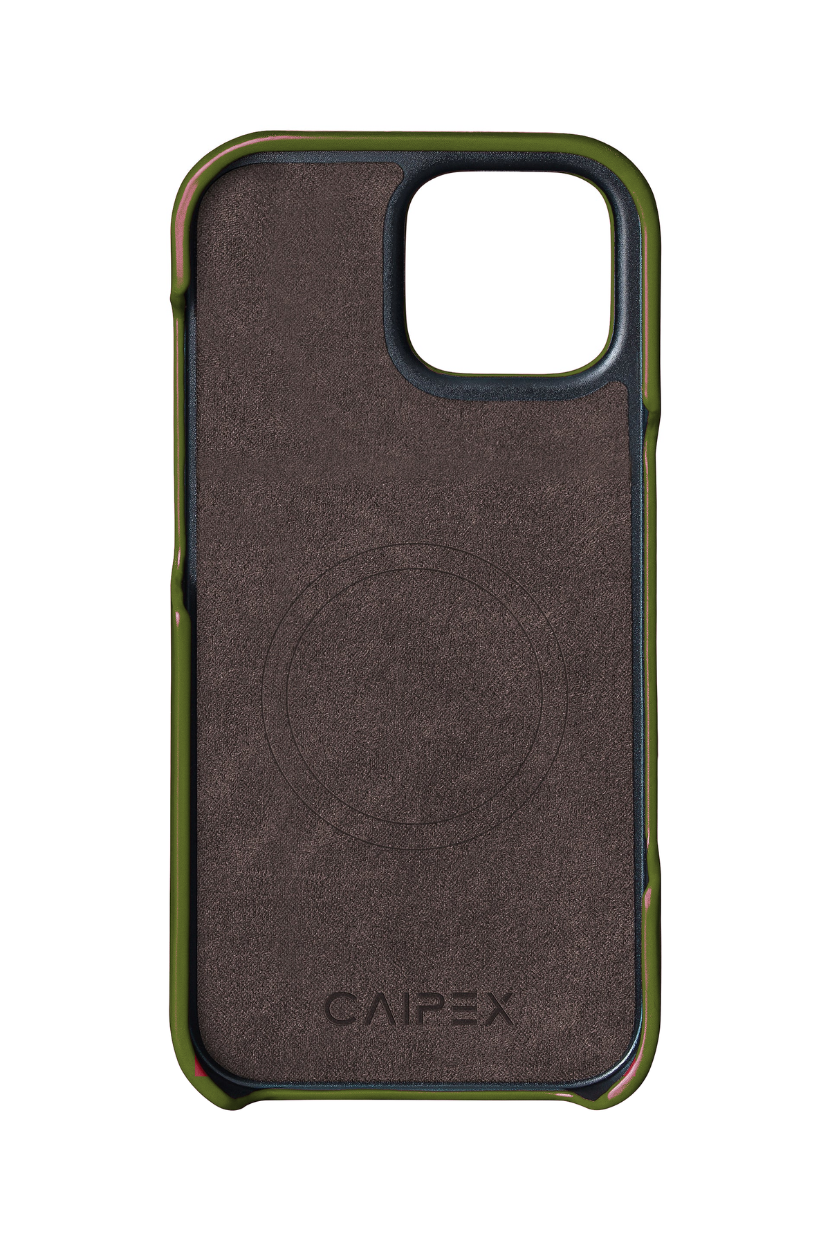 iPhone 13, army green ostrich leather case, interior view with soft lining