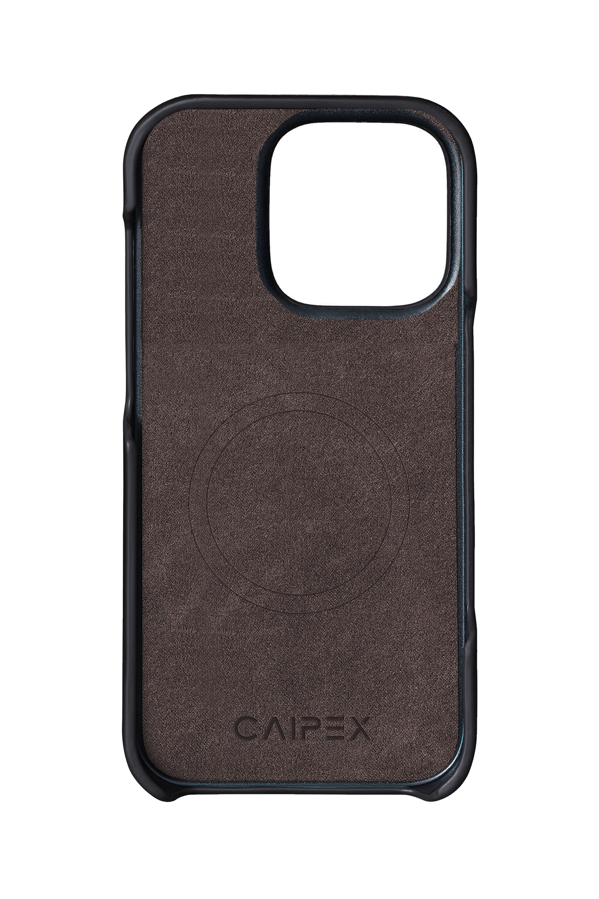 iPhone 14 Pro Max black leather case interior with MagSafe, soft lining and CAIPEX logo