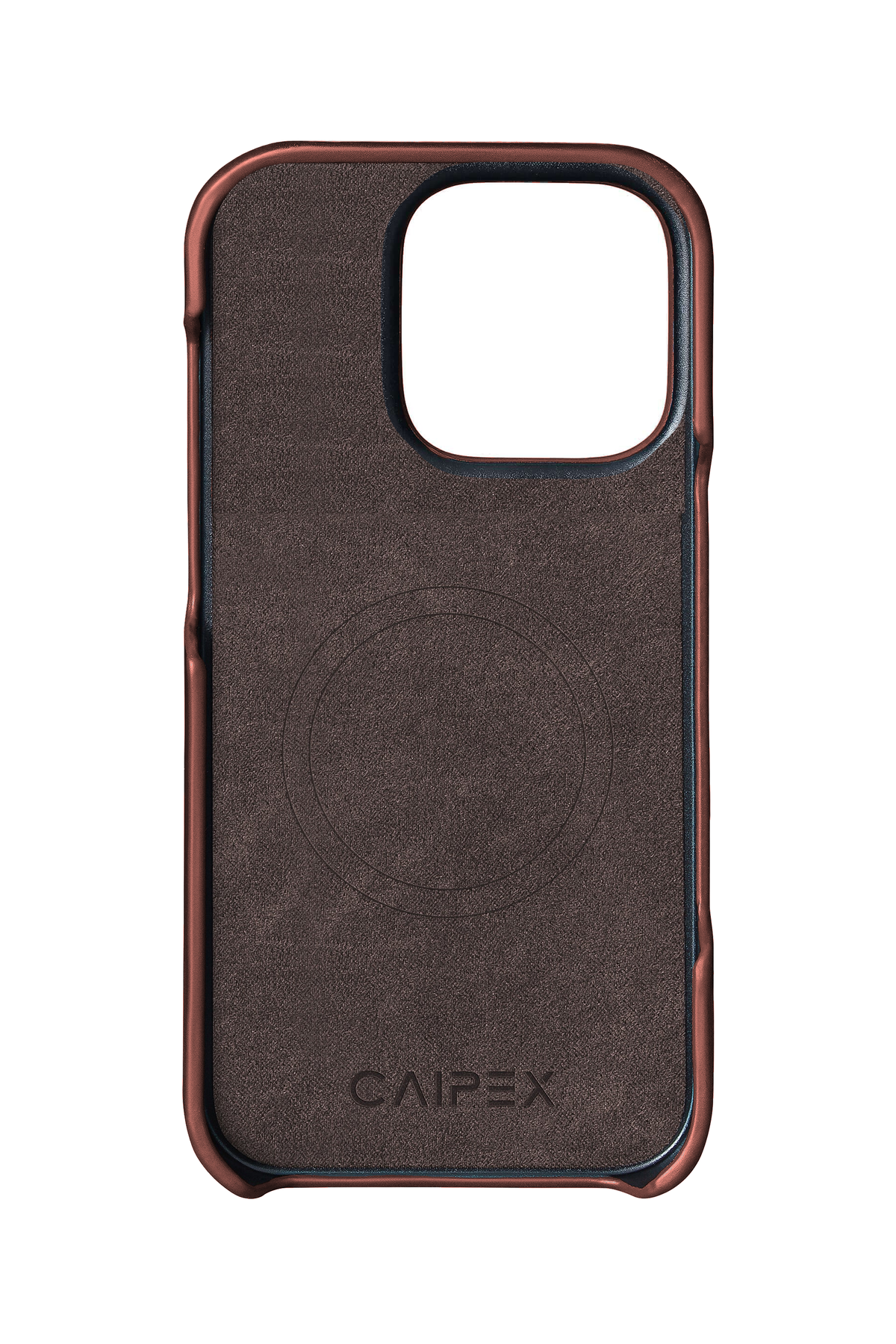 iPhone 14 Pro Max brown leather case interior with MagSafe, soft lining and CAIPEX logo