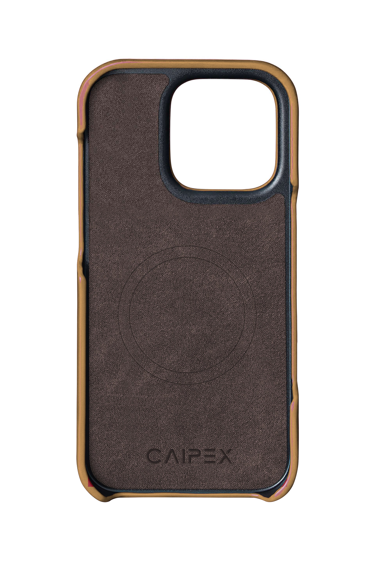 iPhone 14 Pro, light brown ostrich leather case, interior view with soft lining