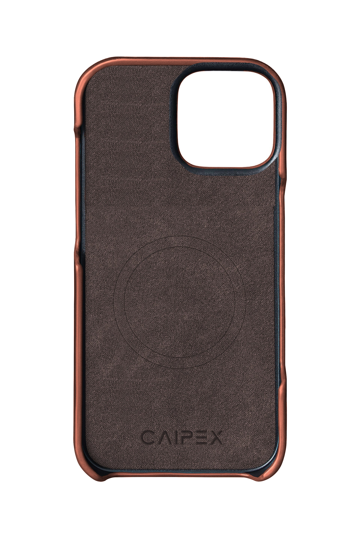 iPhone 15 coffee leather case interior with MagSafe, soft lining and CAIPEX logo
