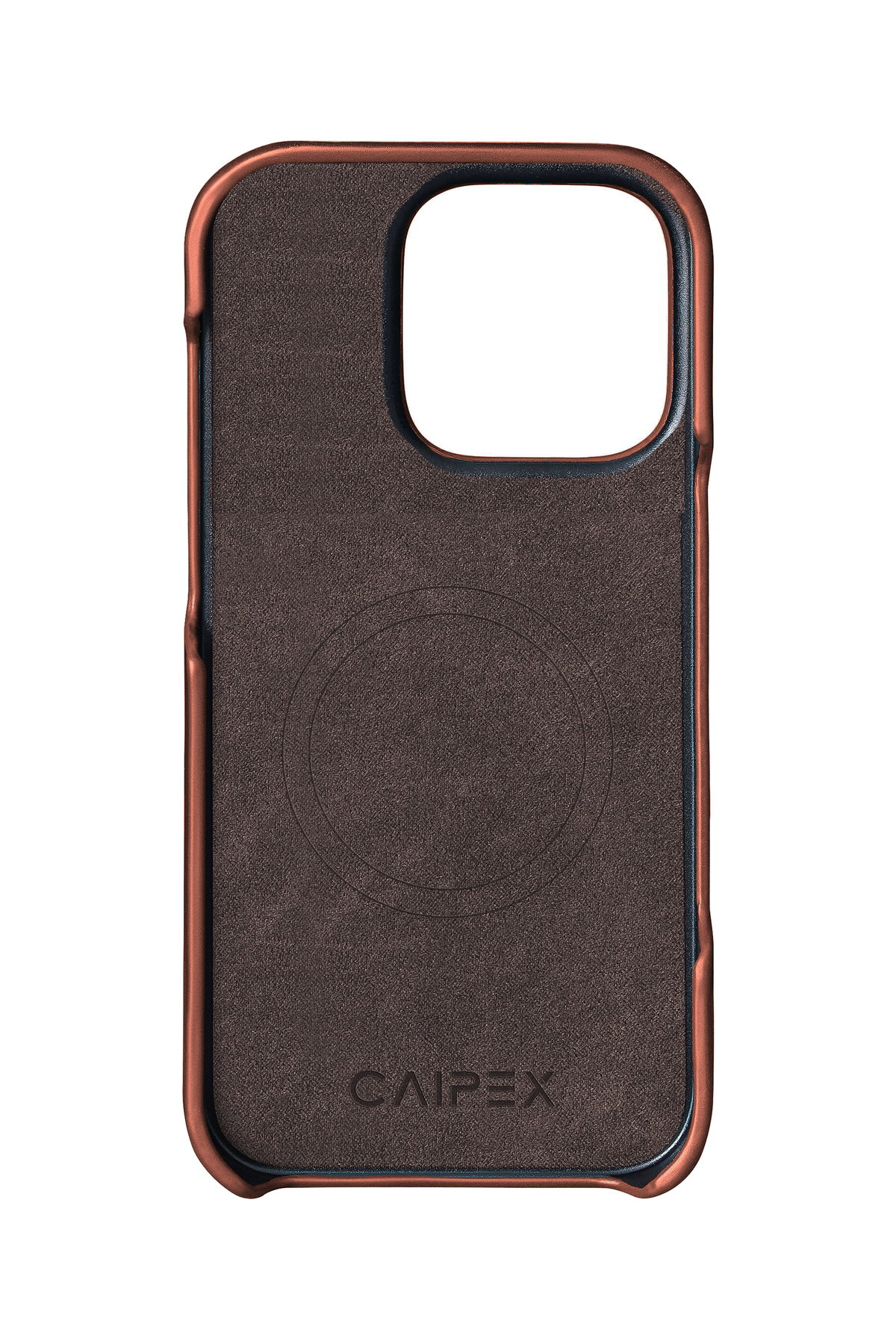 iPhone 15 Pro Max coffee leather case interior with MagSafe ring, soft lining and CAIPEX logo