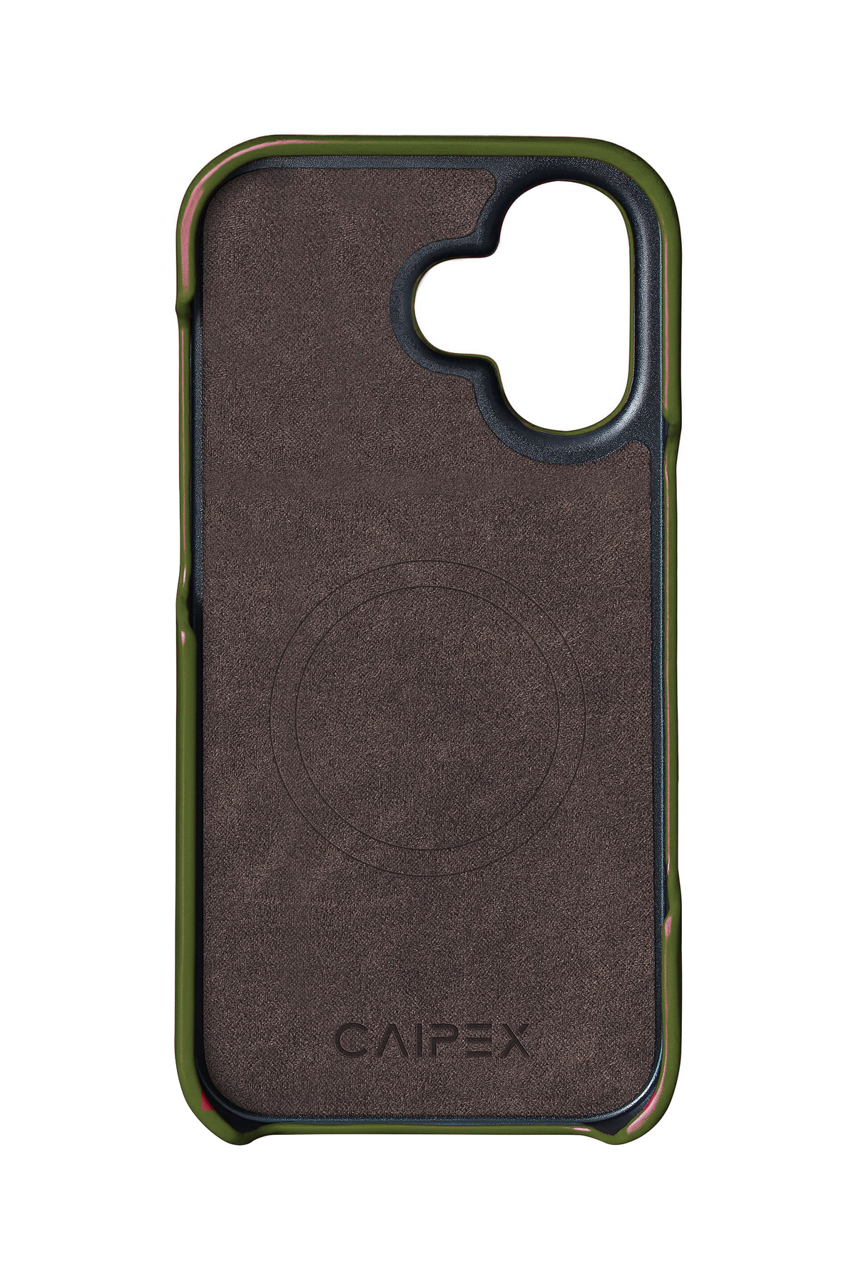 iPhone 16 Plus, army green ostrich leather case, interior view with soft lining
