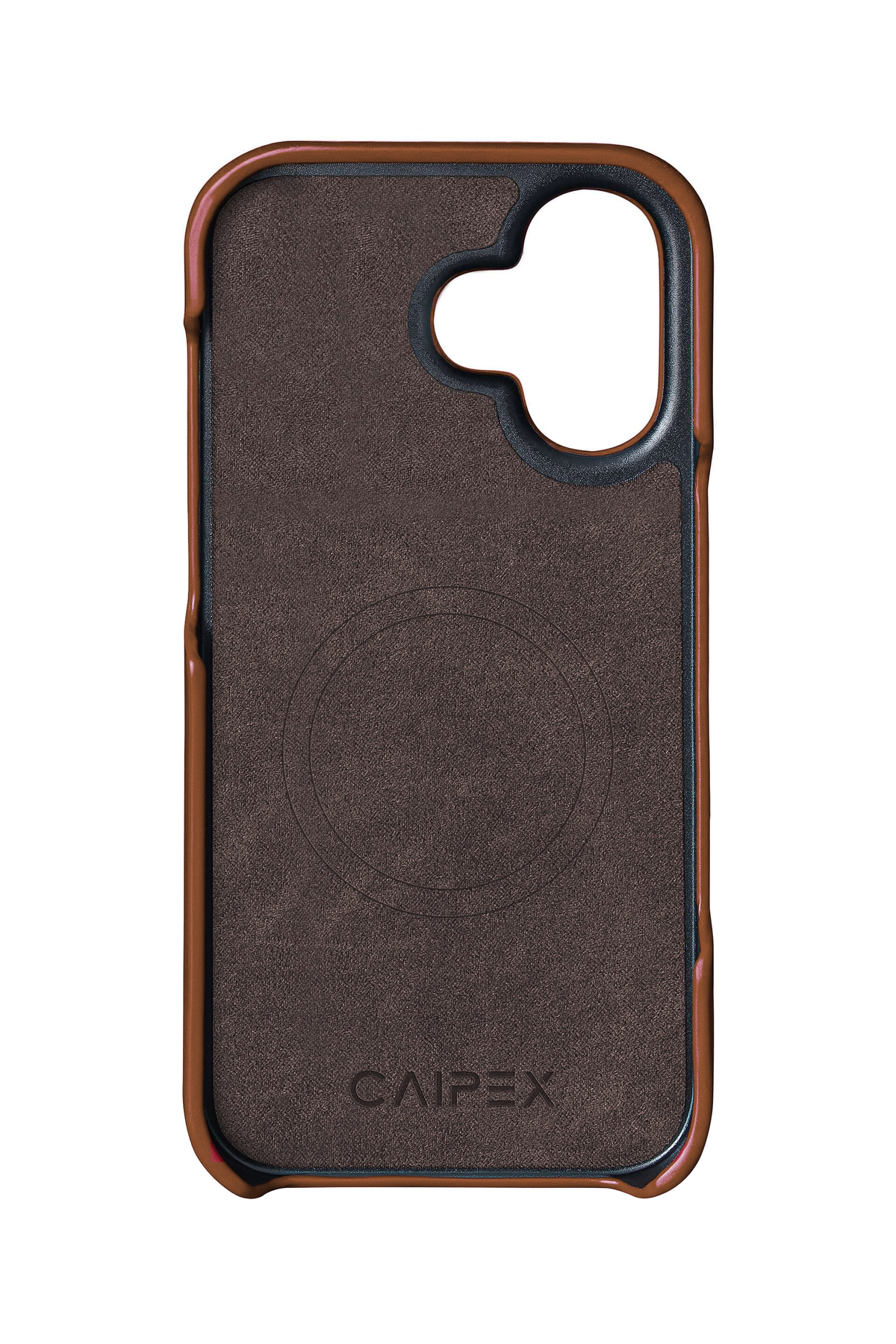 iPhone 16 Plus, brown ostrich leather case, interior view with soft lining