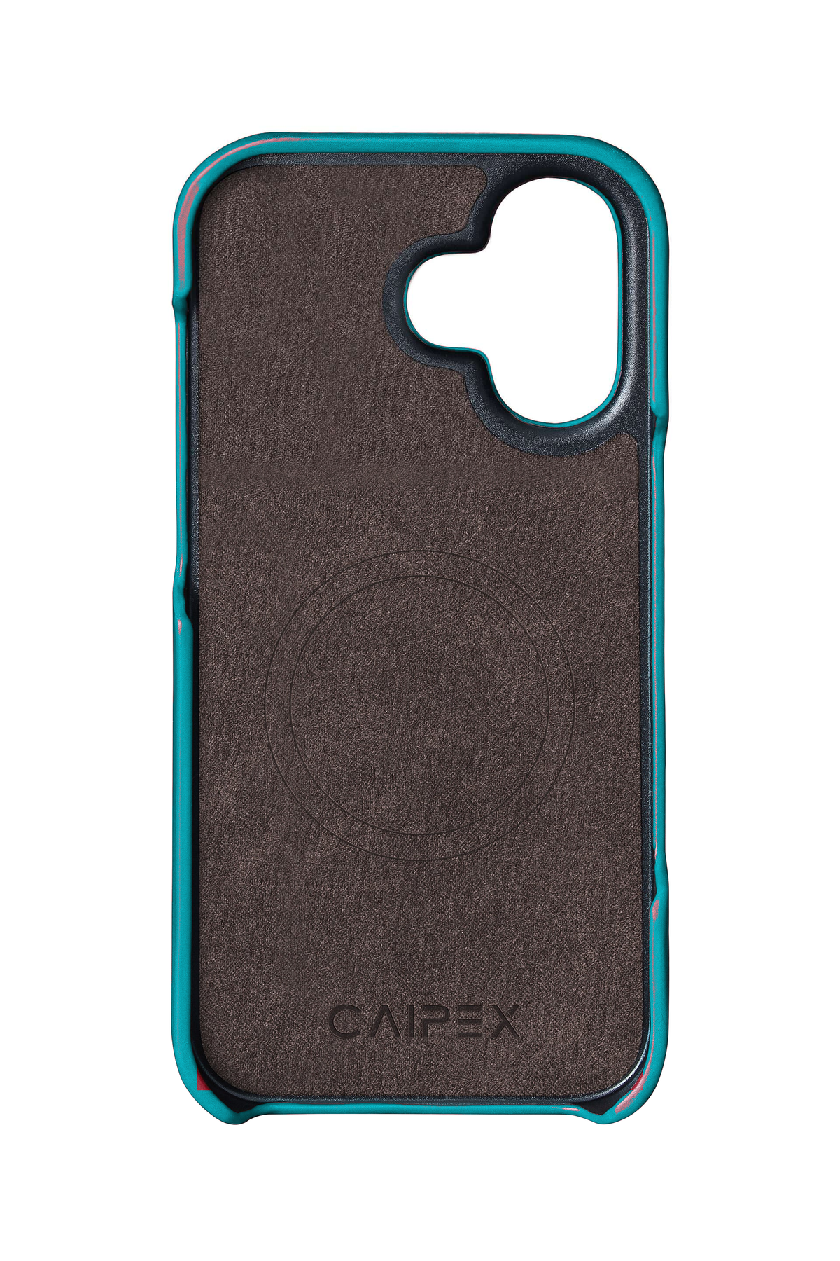 iPhone 16 Plus, cyan ostrich leather case, interior view with soft lining