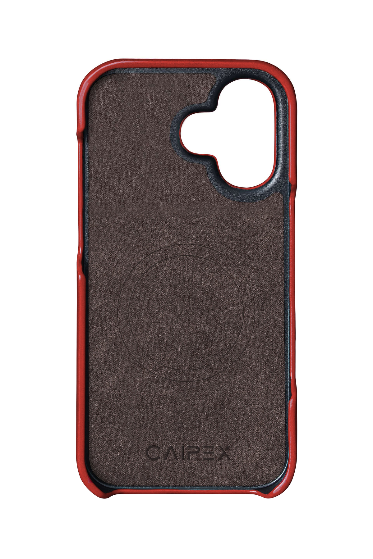 iPhone 16 Plus, red ostrich leather case, interior view with soft lining