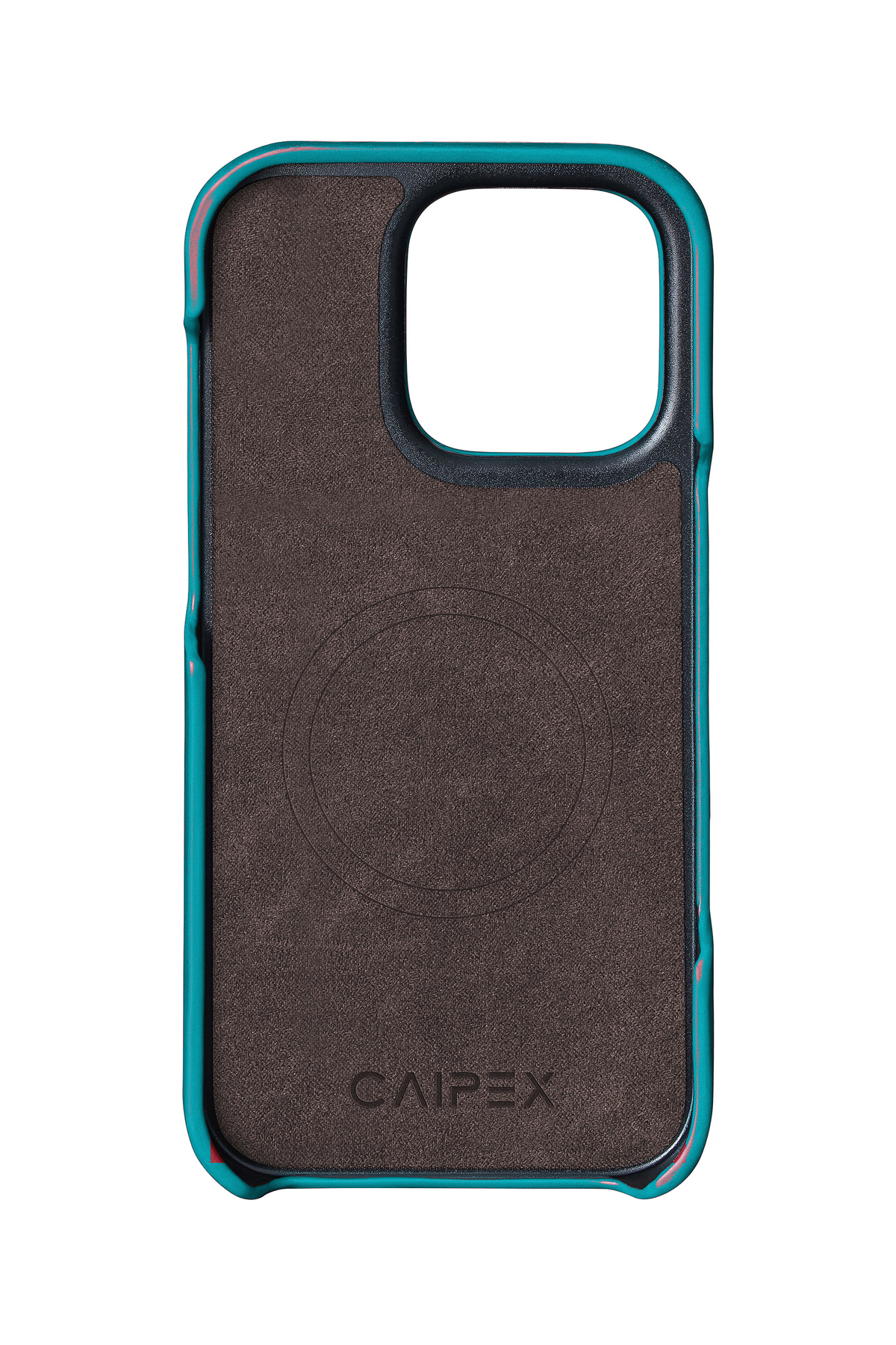 iPhone 16 Pro, cyan ostrich leather case, interior view with soft lining