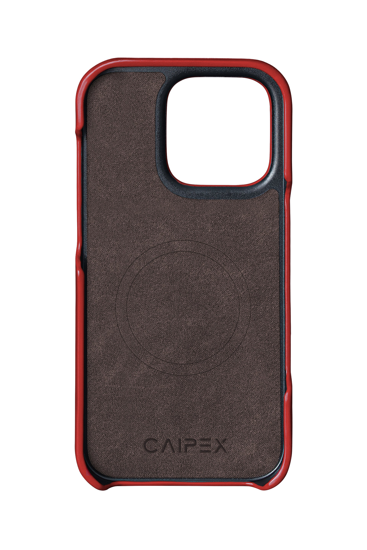 iPhone 16 Pro, red ostrich leather case, interior view with soft lining