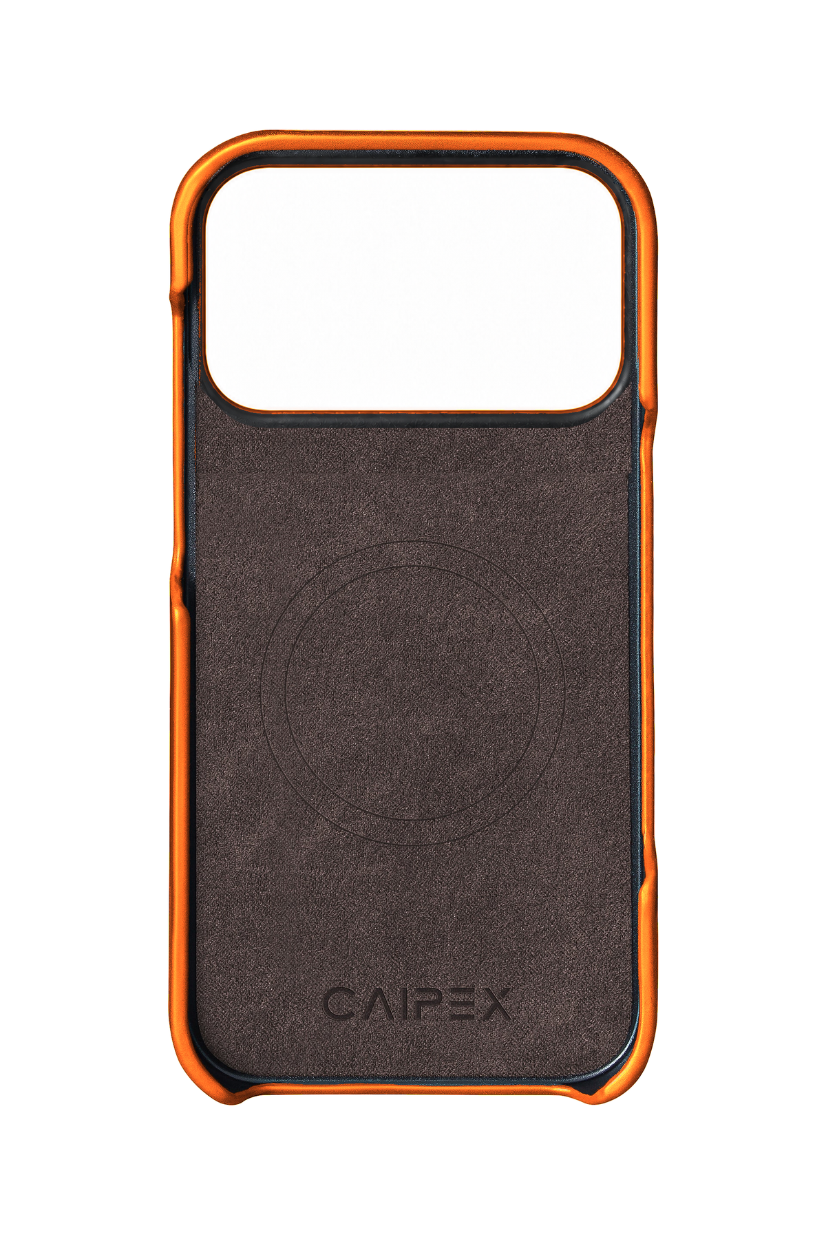 iPhone 18 Pro Leather Case with MagSafe - Orange — interior with MagSafe ring, soft lining and CAIPEX logo