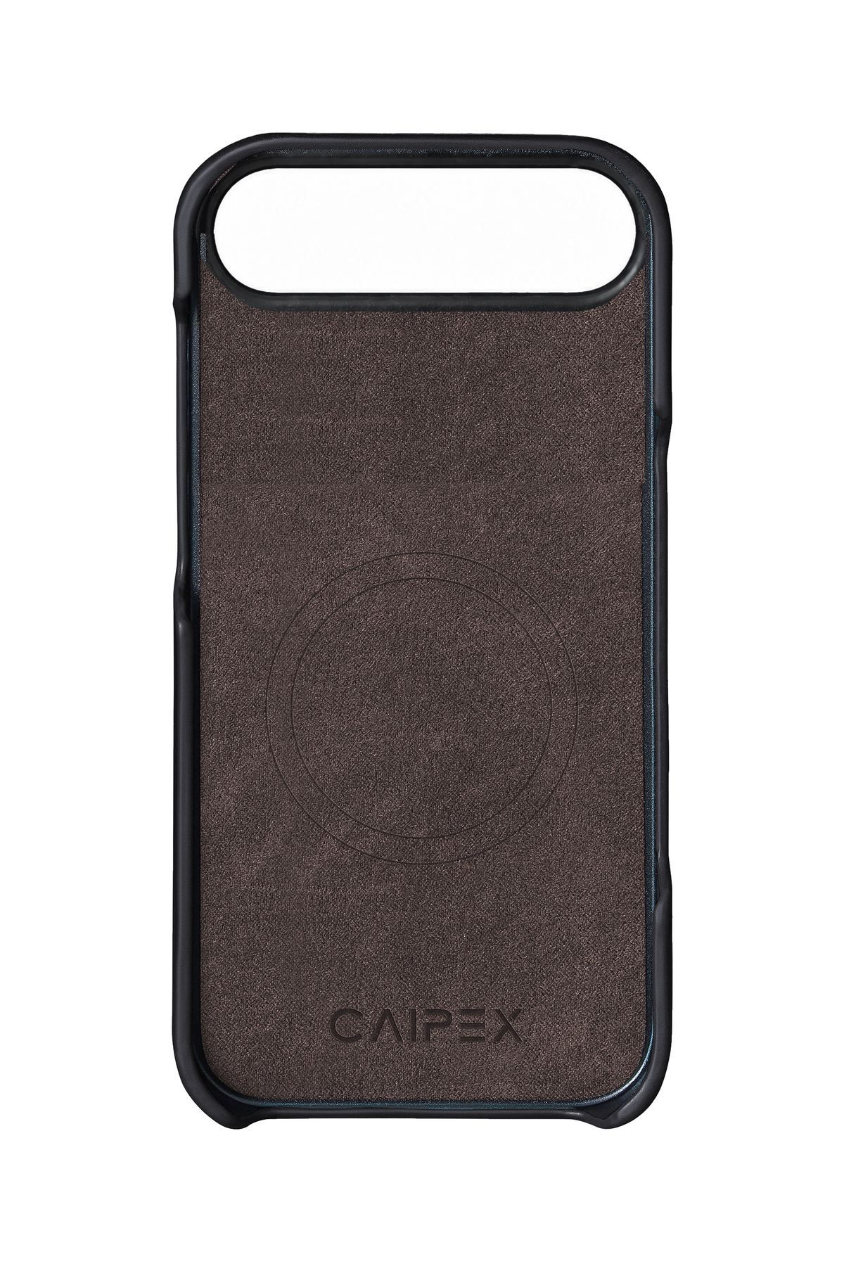 iPhone Air black leather case interior with MagSafe ring, soft lining and CAIPEX logo