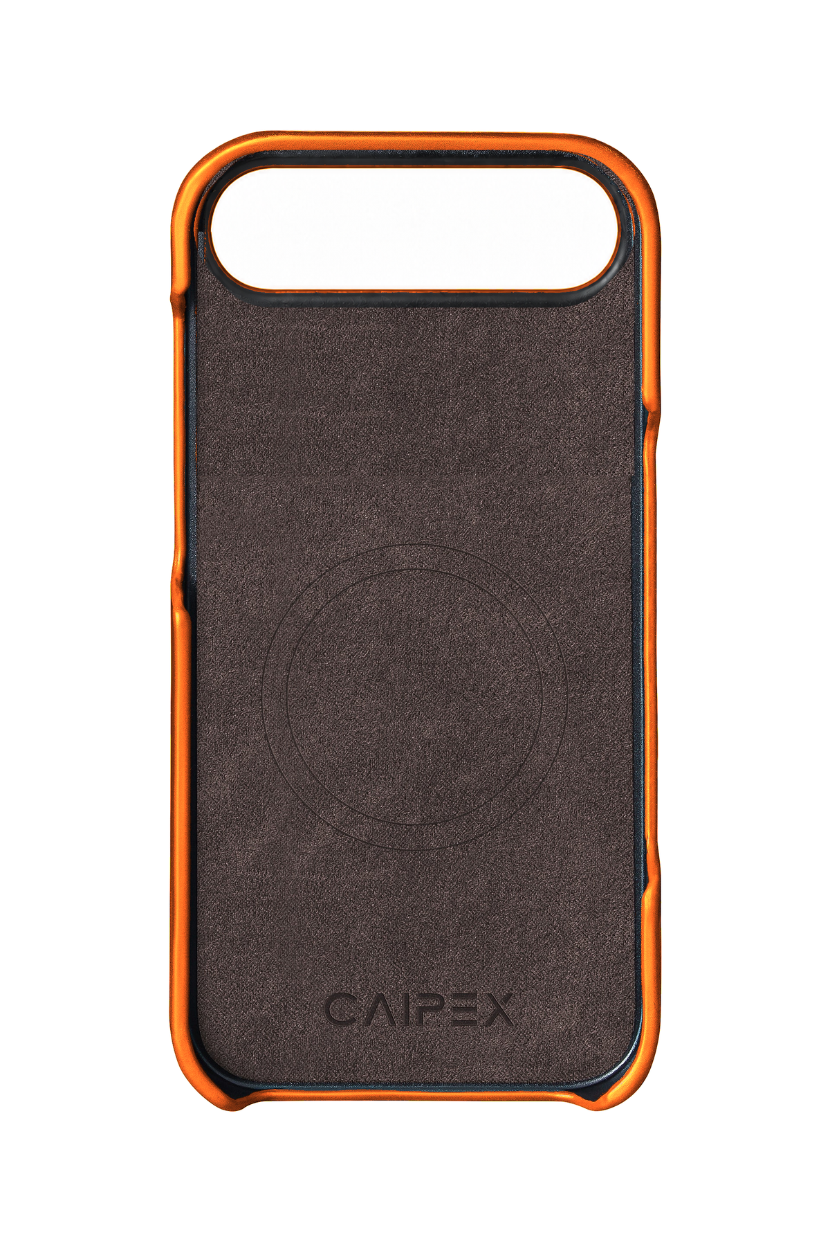 iPhone Air Leather Case with MagSafe - Orange — interior with MagSafe ring, soft lining and CAIPEX logo
